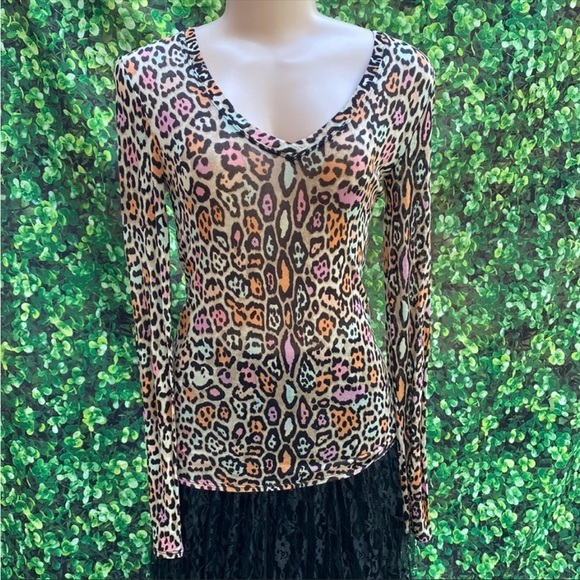 BCBGMaxazaria rainbow pastel sheer leopard‎ animal print top shirt - Picture 2 of 6